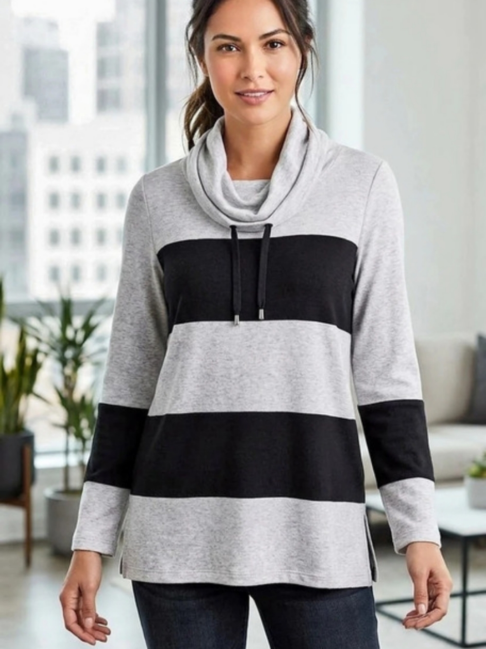 Rafaella Weekend Cowl Neck Hoodie in Gray & Black NWOT Size M